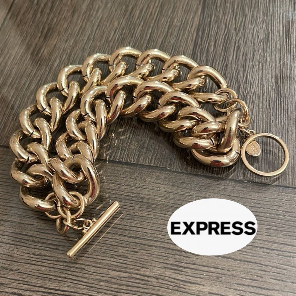 Express Gold-tone Double Chain Link Toggle Clasp Bracelet